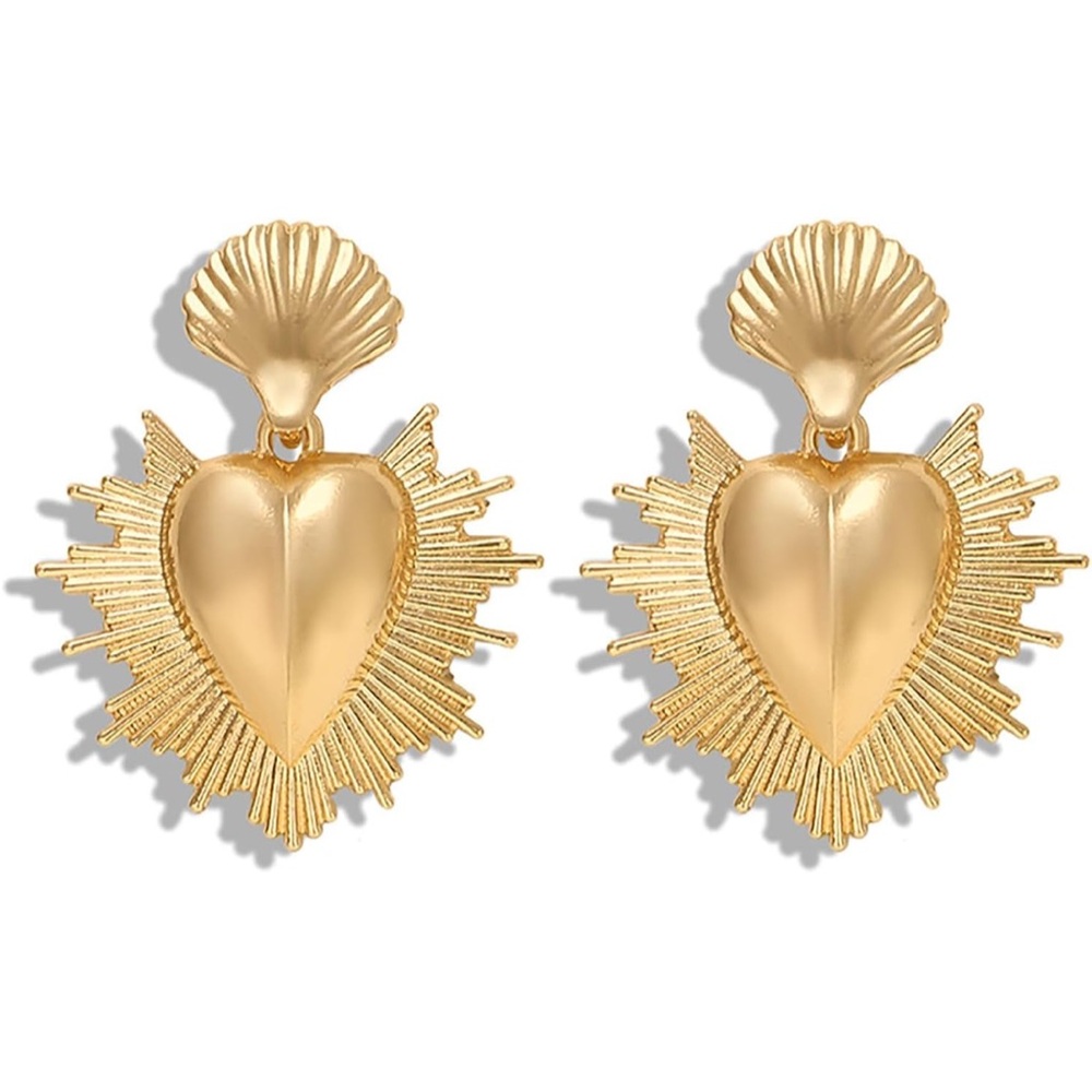 Gold Sacred Heart Sunburst Earrings Shell Post Boho Statement NEW